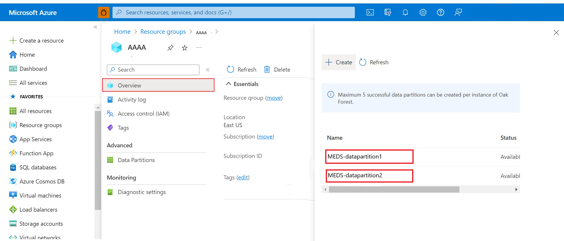 Captura de pantalla que muestra la búsqueda del identificador de partición de datos de la página de información general de la instancia de Azure Data Manager for Energy con las particiones de datos.