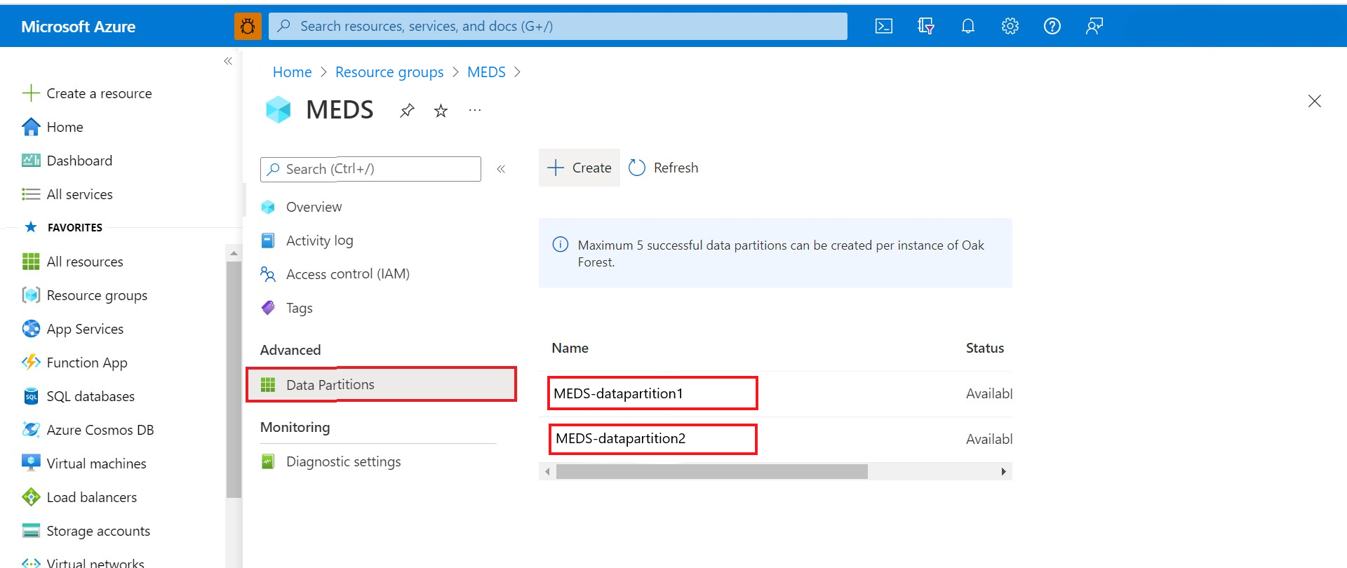 Captura de pantalla que muestra la búsqueda del identificador de partición de datos de la instancia de Azure Data Manager for Energy.