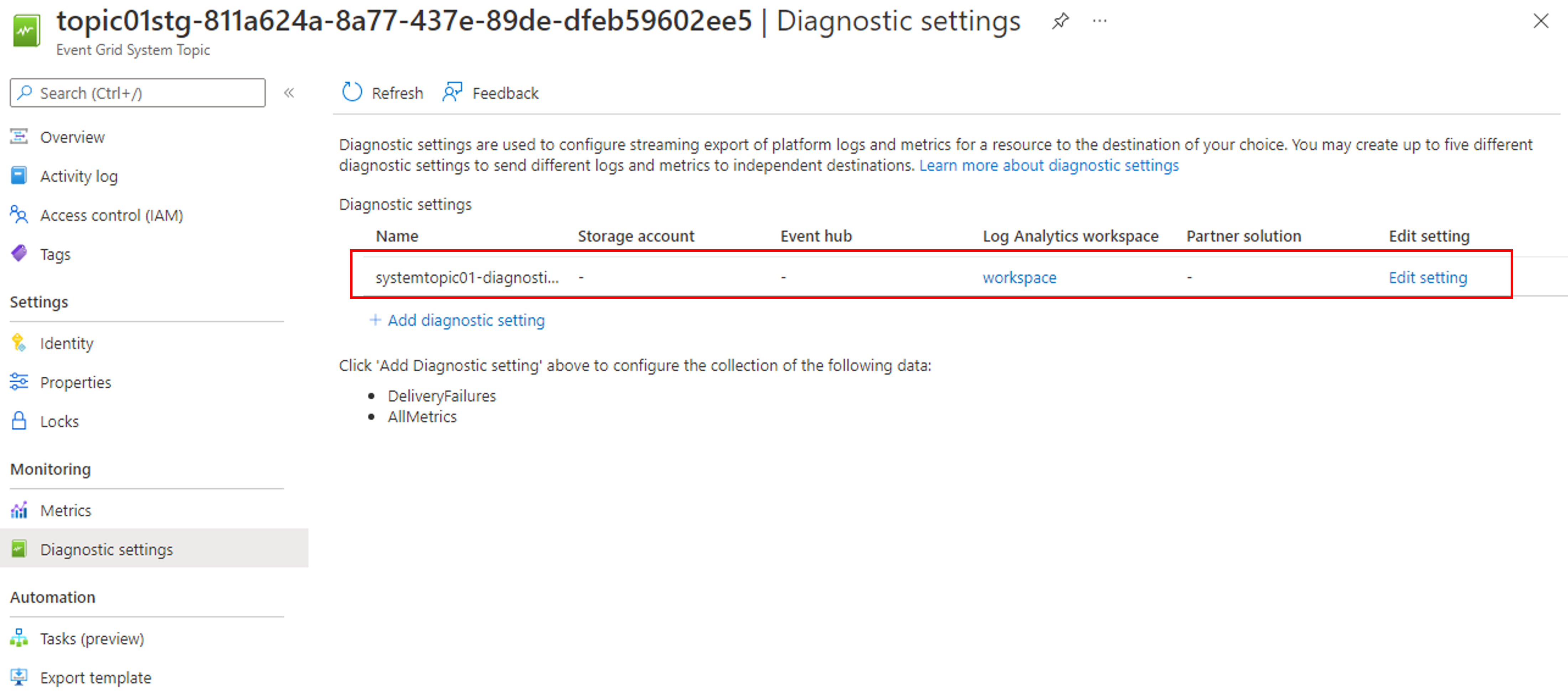 Configuración de diagnóstico en la lista