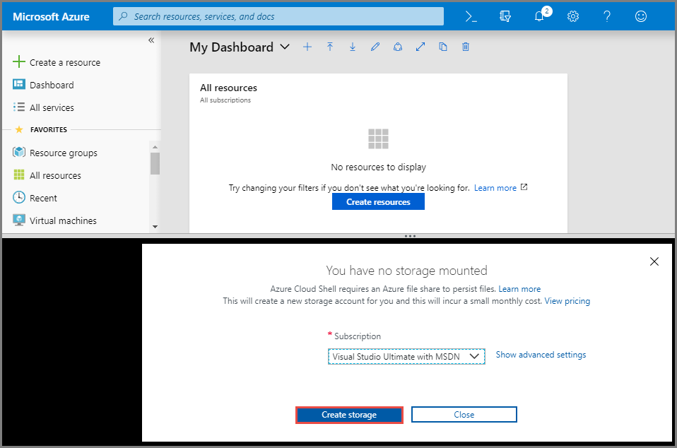 Captura de pantalla que muestra la creación de almacenamiento para Cloud Shell.