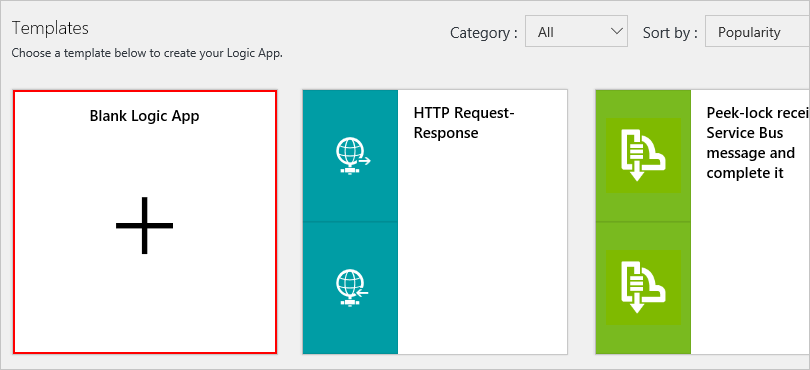 Captura de pantalla que muestra las plantillas de Azure Logic Apps con la plantilla 