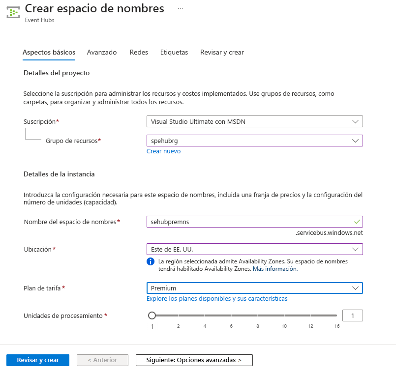 Recorte de pantalla en el que se muestra la configuración de unidades de procesamiento en el Asistente para crear espacios de nombres.