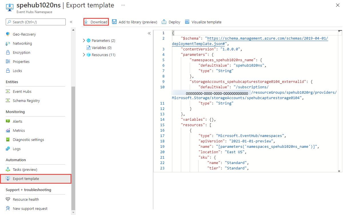 Captura de pantalla que muestra dónde descargar la plantilla de Resource Manager