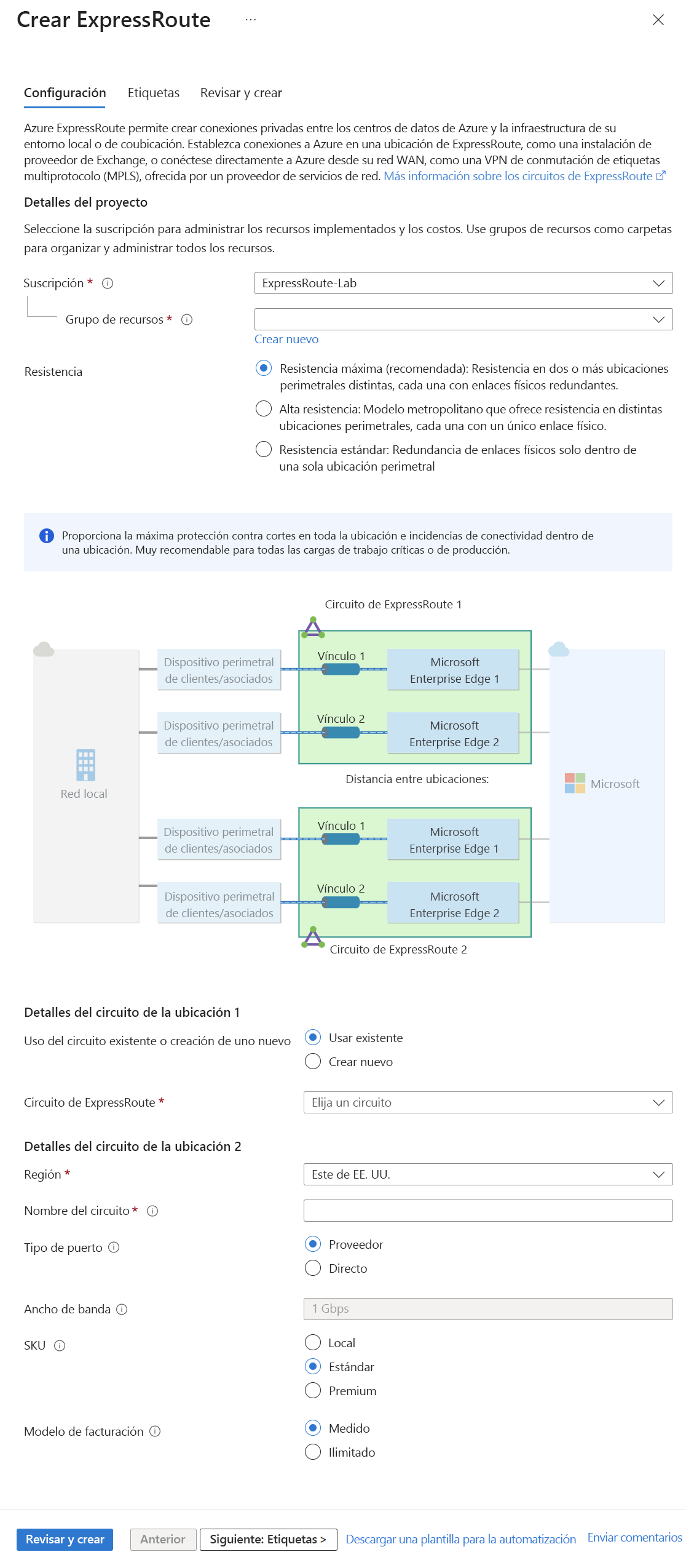 Captura de pantalla de la nueva página de configuración del circuito ExpressRoute.