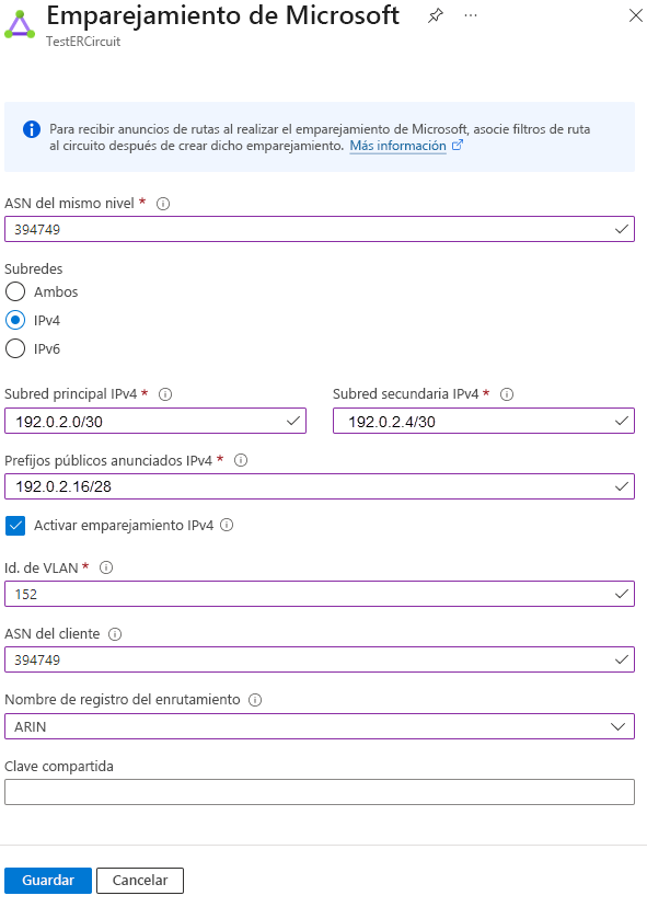 Captura de pantalla que muestra la configuración del emparejamiento de Microsoft.