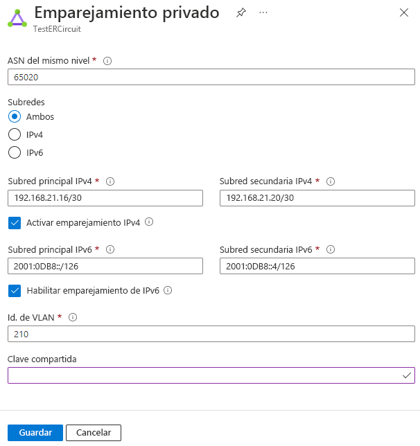 Captura de pantalla que muestra la configuración del emparejamiento privado.