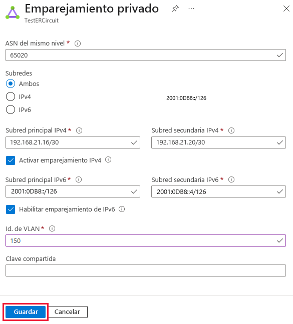 Captura de pantalla que muestra cómo actualizar la configuración del emparejamiento privado.