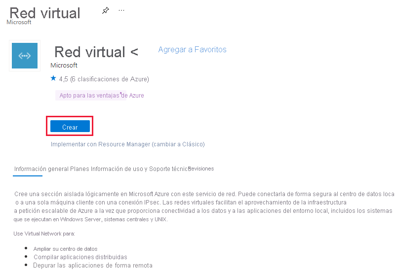 Captura de pantalla de la creación de una página de red virtual.