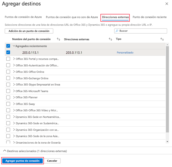 Captura de pantalla de la adición de puntos de conexión de destino externos.