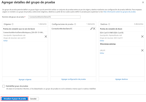 Captura de pantalla de los detalles de agregar grupo de prueba configurados.