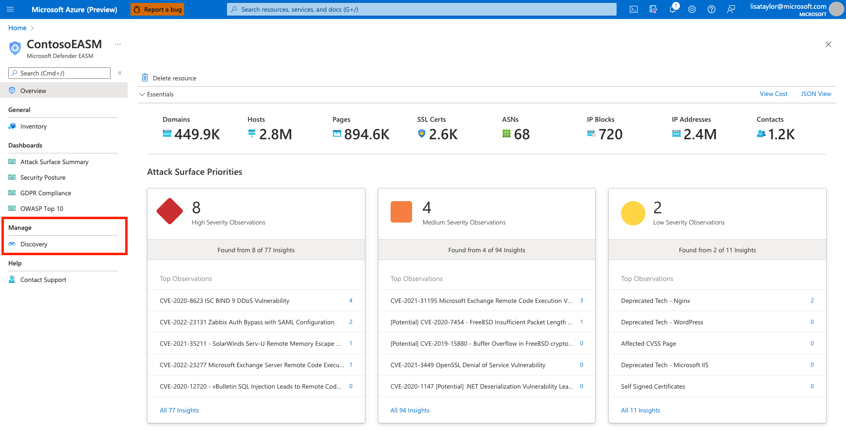 Screenshot that shows a Defender EASM instance on the overview page with the Manage section highlighted.