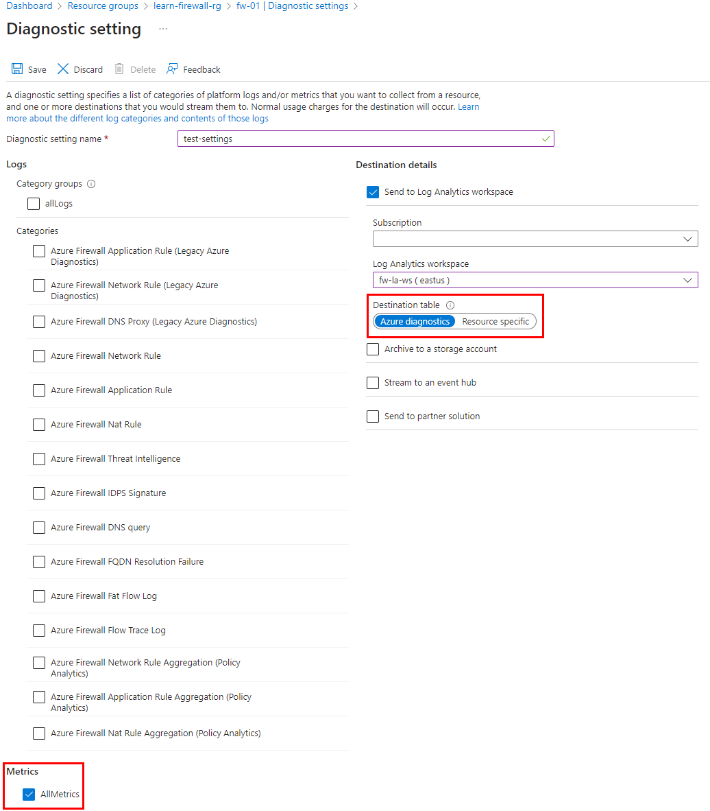 Captura de pantalla en la que se muestra la configuración de diagnóstico de Azure Firewall.