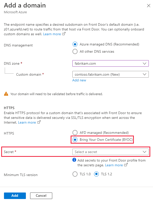 Captura de pantalla que muestra el panel Agregar un dominio personalizado con HTTPS.