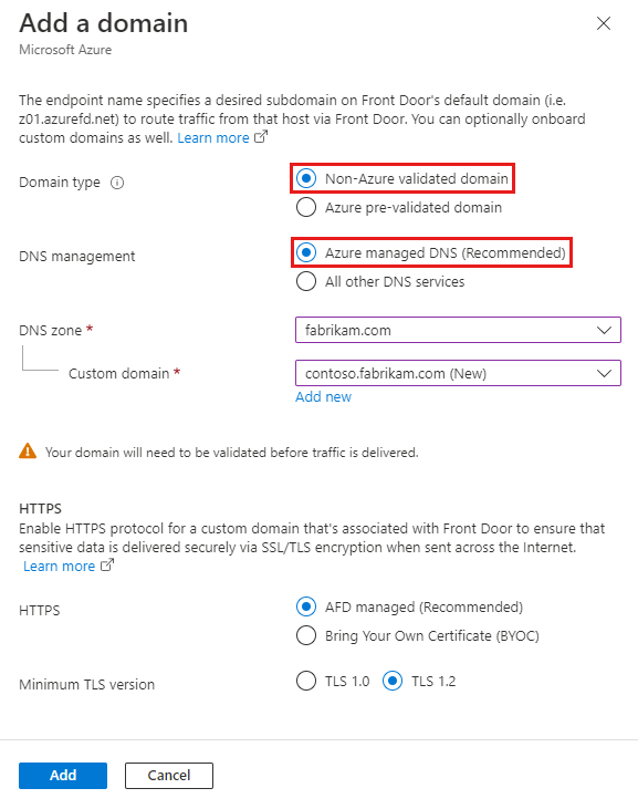 Captura de pantalla que muestra el panel Agregar un dominio con DNS administrado de Azure seleccionado.