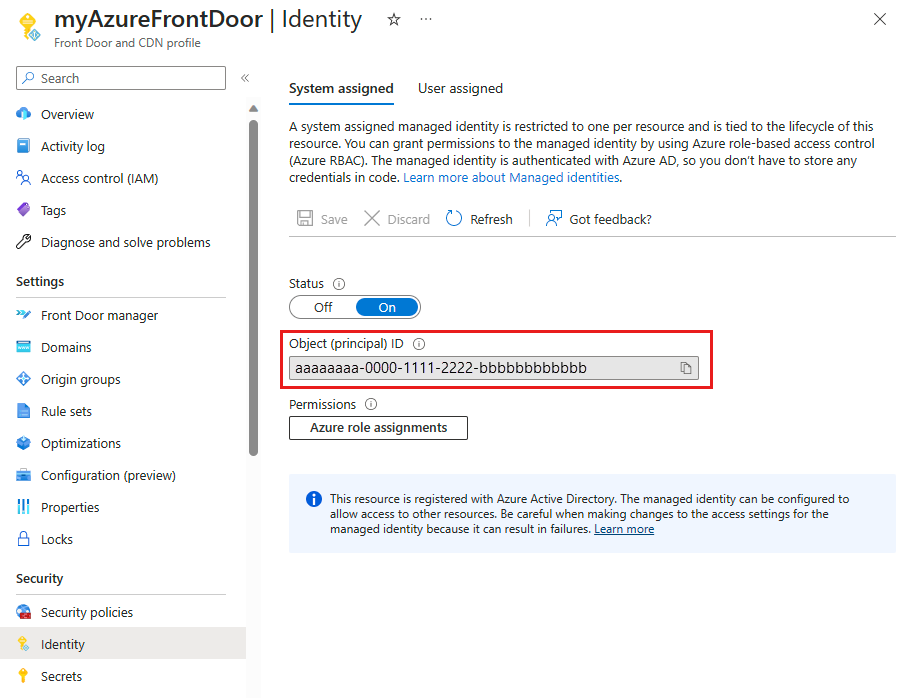 Captura de pantalla de la identidad administrada asignada por el sistema registrada con Microsoft Entra ID.