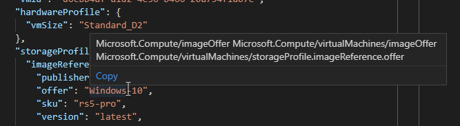 Captura de pantalla de la extensión Azure Policy para Visual Studio Code al mantener el puntero sobre una propiedad para mostrar los nombres de alias.