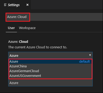 Captura de pantalla de la selección del inicio de sesión en la nube de Azure nacional para Visual Studio Code.