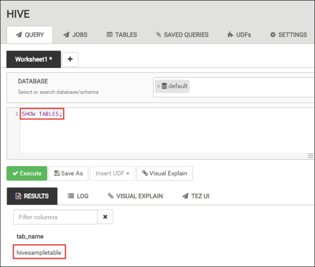 Resultados de la vista de Apache Hive en HDInsight.