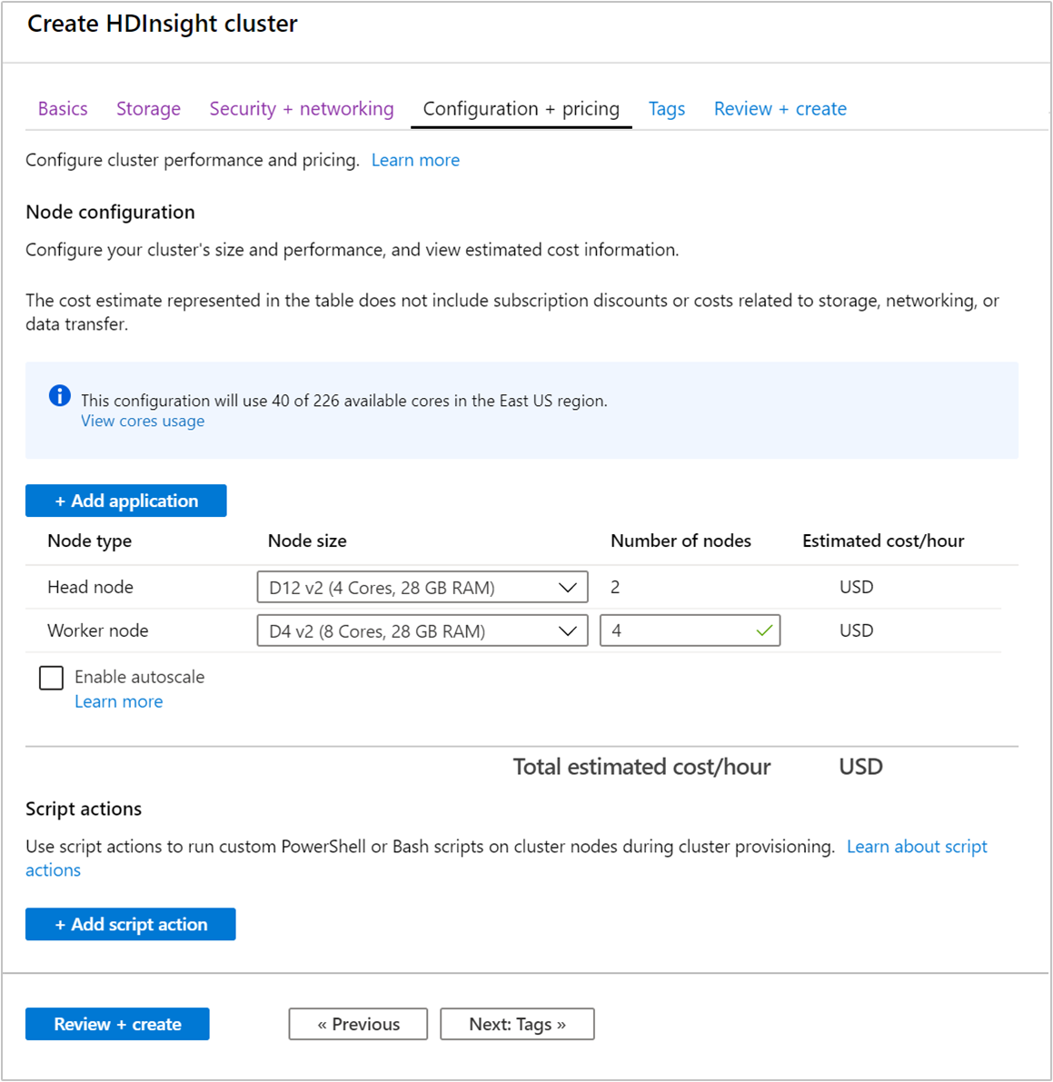 Creación de un clúster de HDInsight en configuración.