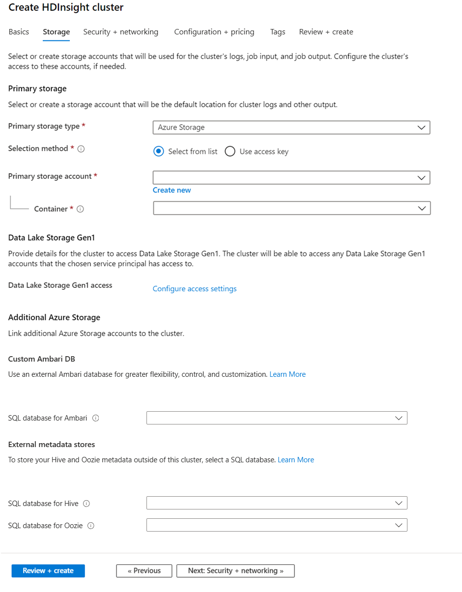 Configuración de almacenamiento del clúster: puntos de conexión compatibles con HDFS.