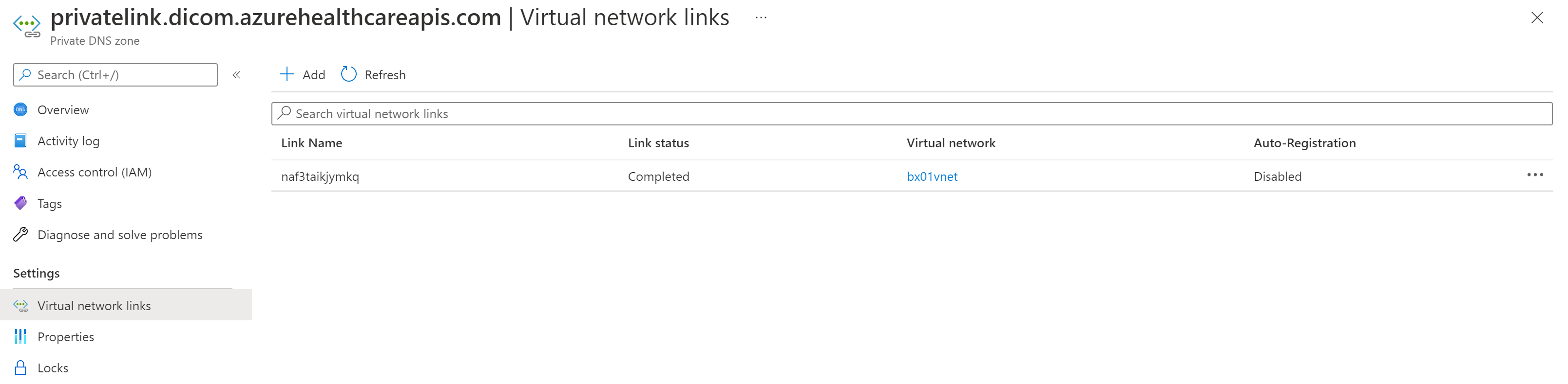 Captura de pantalla que muestra la imagen de Private Link Virtual Network Link DICOM.