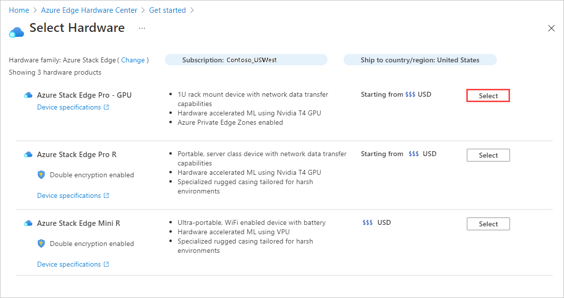 Captura de pantalla para seleccionar un producto de hardware para un pedido de Azure Edge Hardware Center. El botón Seleccionar de un producto está resaltado.