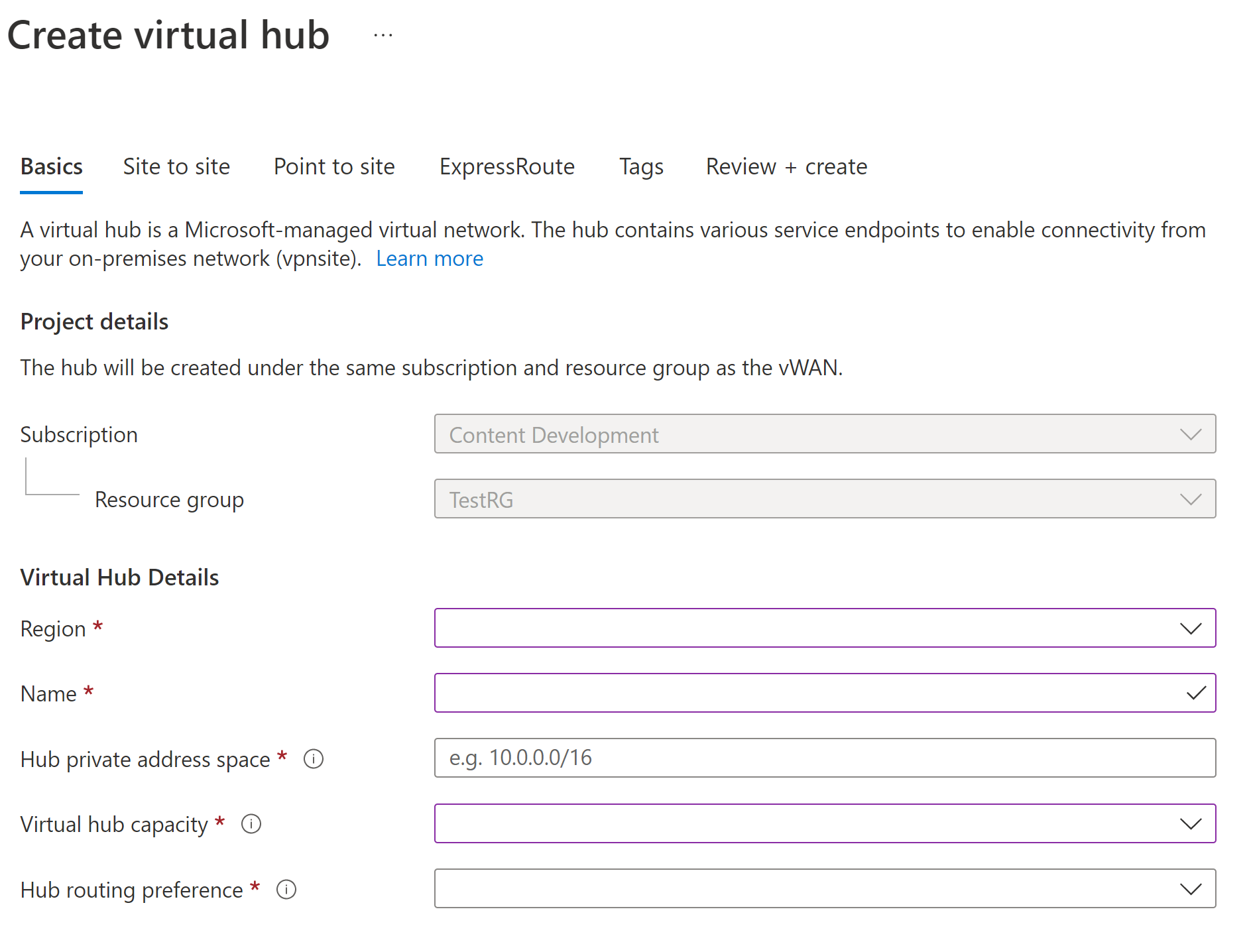 Captura de pantalla que muestra el panel Crear centro de conectividad virtual, donde puede escribir valores.