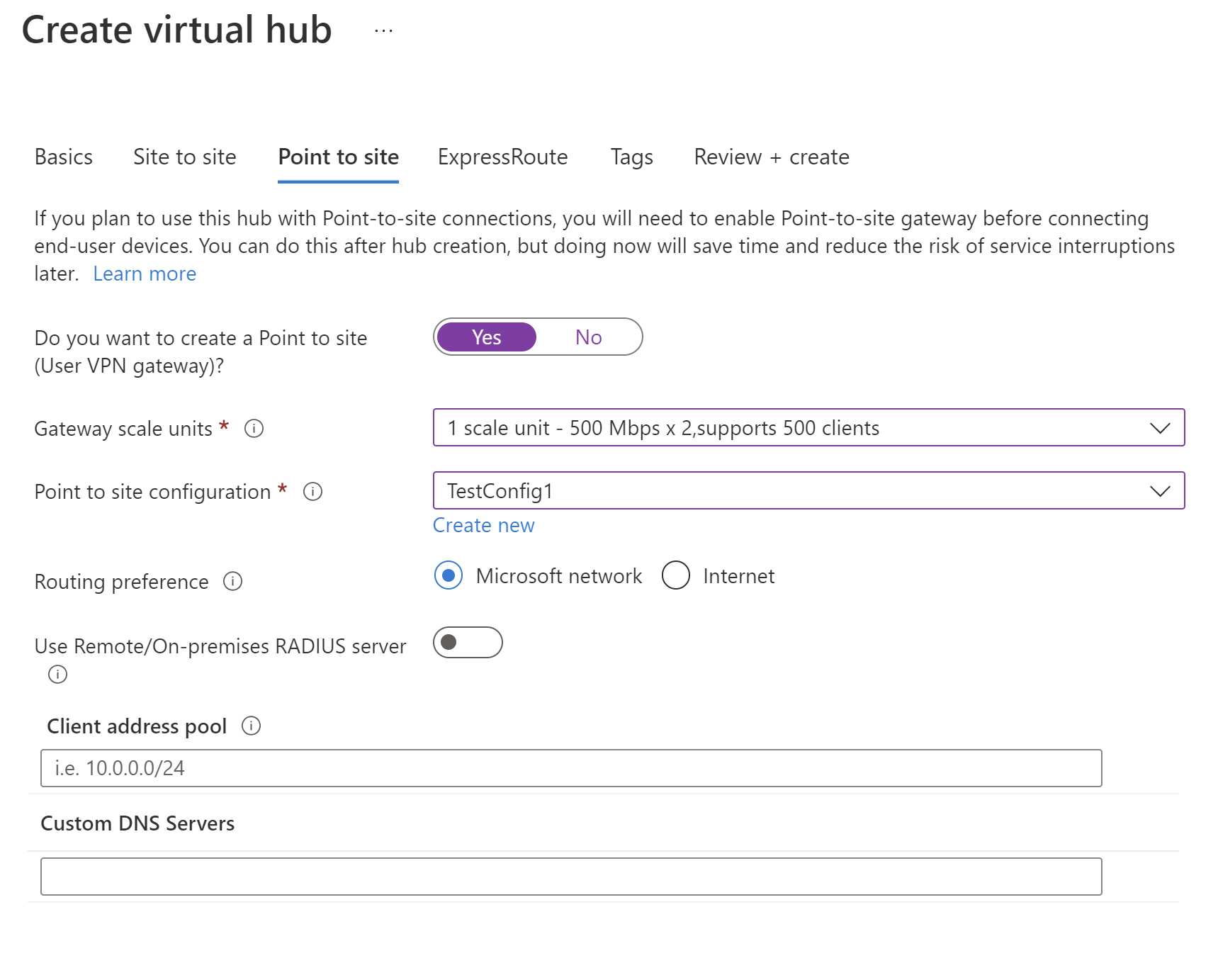 Captura de pantalla de la configuración del centro de conectividad virtual con la opción de punto a sitio seleccionada.