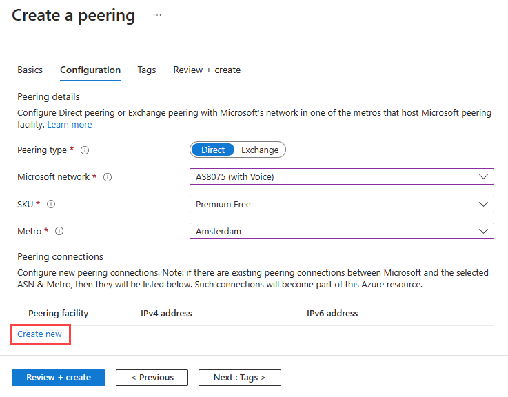 Recorte de pantalla que muestra la pestaña Configuración de la creación de un emparejamiento en Azure Portal.