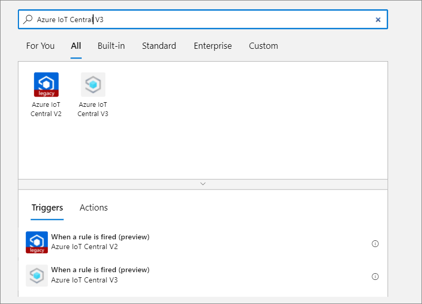 Busque el conector Azure IoT Central - preview (Azure IoT Central [Versión preliminar]) y elija el desencadenador