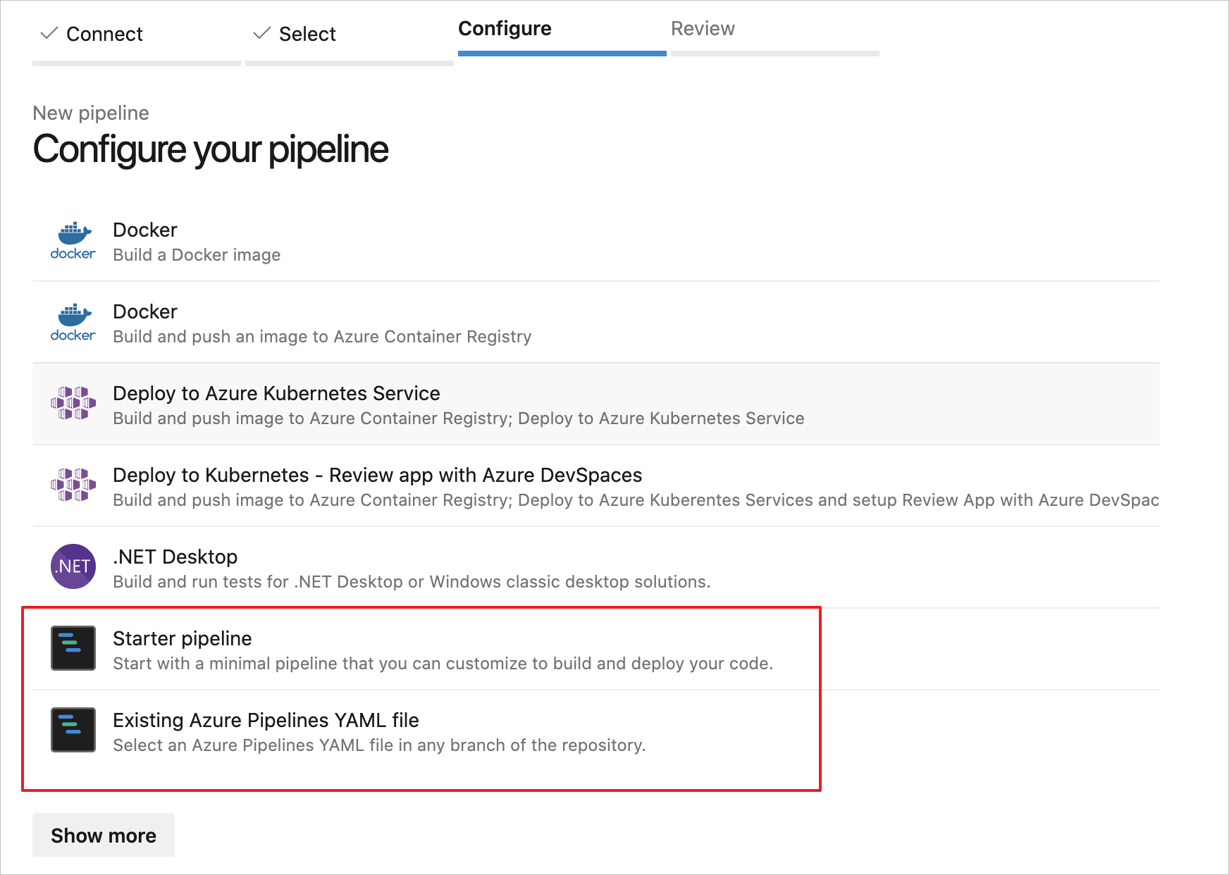 Seleccione Canalización inicial o Archivo YAML de Azure Pipelines existente para iniciar la canalización de compilación