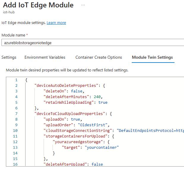 Captura de pantalla que muestra la pestaña Configuración de módulos gemelos de la página Agregar módulo IoT Edge.