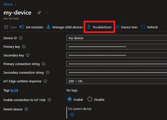 Captura de pantalla de la ubicación de la pestaña Solución de problemas en Azure Portal, página de detalles del dispositivo.