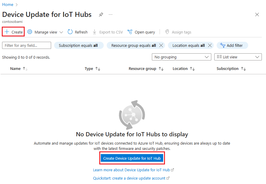 Captura de pantalla del recurso de Device Update para IoT Hub.