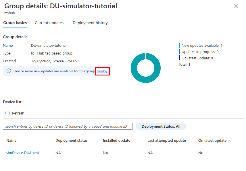 Captura de pantalla que muestra cómo iniciar la implementación de una actualización de un grupo.