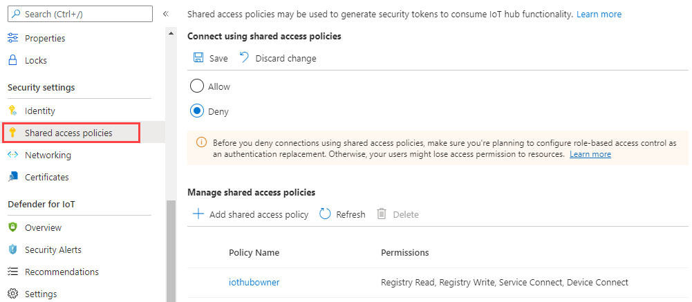 Captura de pantalla que muestra cómo desactivar las directivas de acceso compartido de IoT Hub.