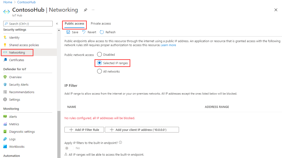 Captura de pantalla que muestra cómo establecer la configuración predeterminada del filtro IP.