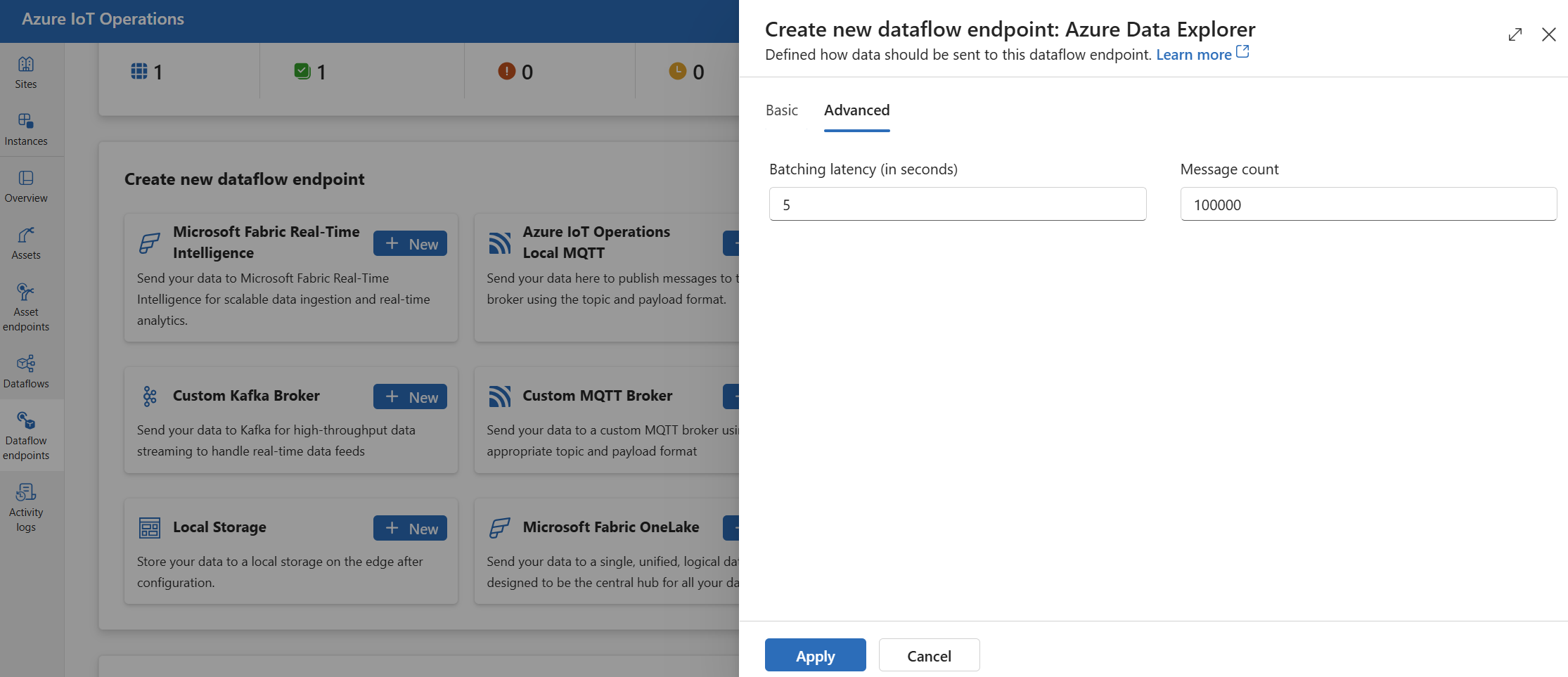 Captura de pantalla que usa la experiencia de operaciones para establecer la configuración avanzada de Azure Data Explorer.