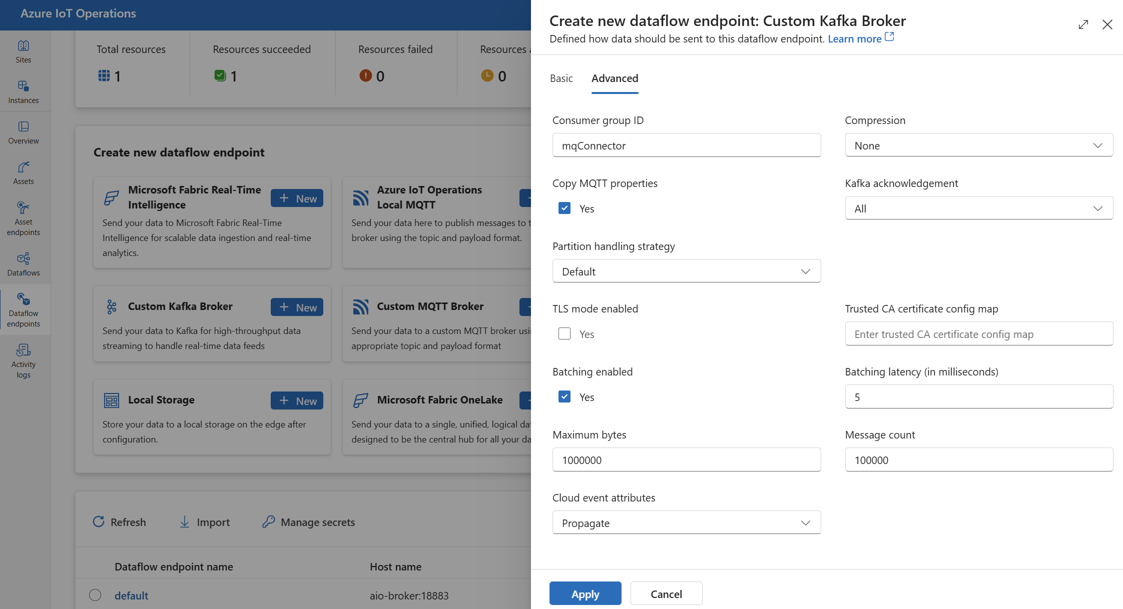 Recorte de pantalla que usa la experiencia de operaciones para establecer la configuración avanzada de un punto de conexión de flujo de datos de Kafka.