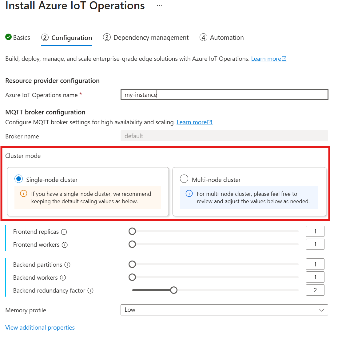 Captura de pantalla que se muestra en Azure Portal donde seleccionar la configuración de un solo nodo o de varios nodos.