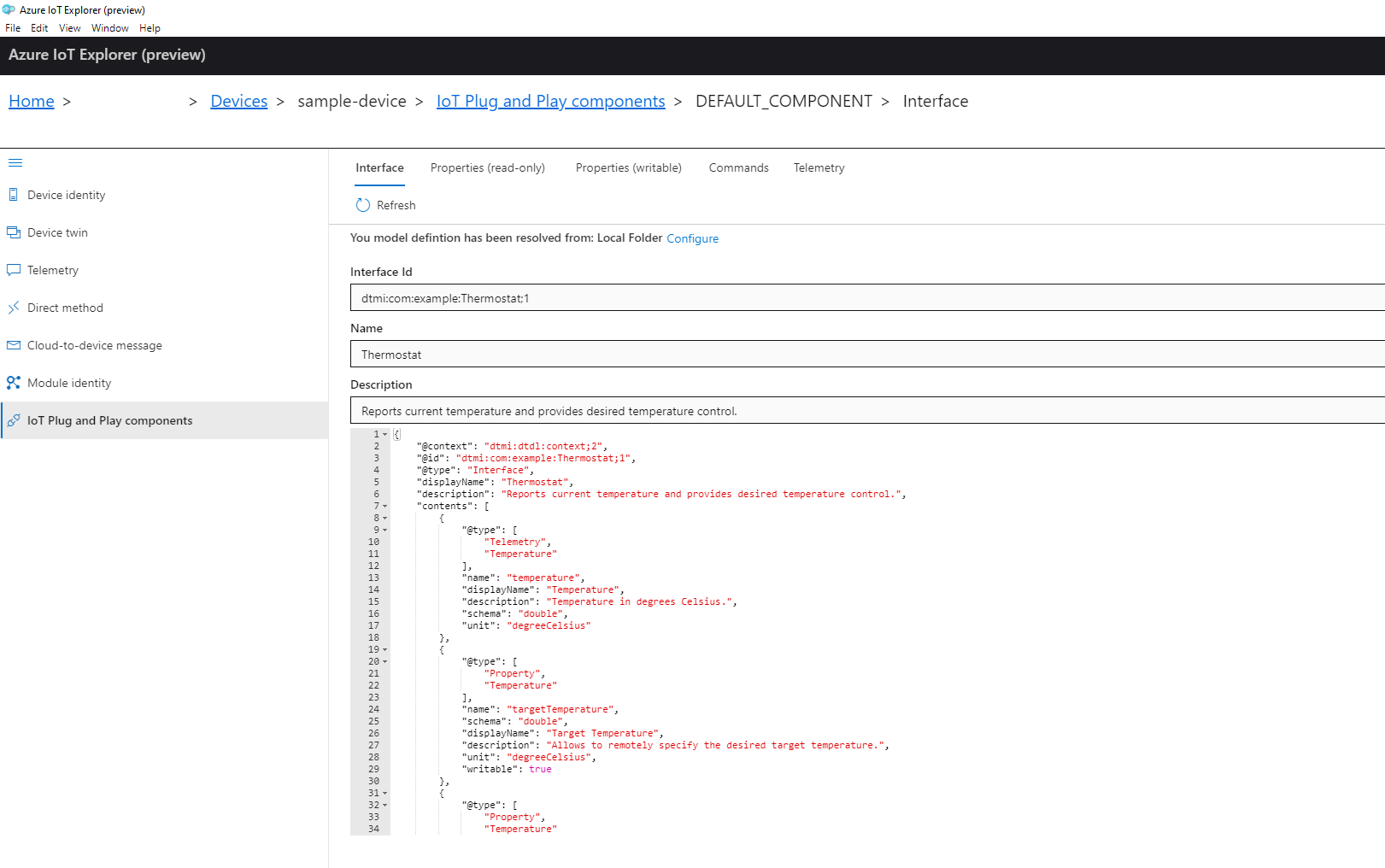 Visualización de los componentes de Azure IoT Explorer