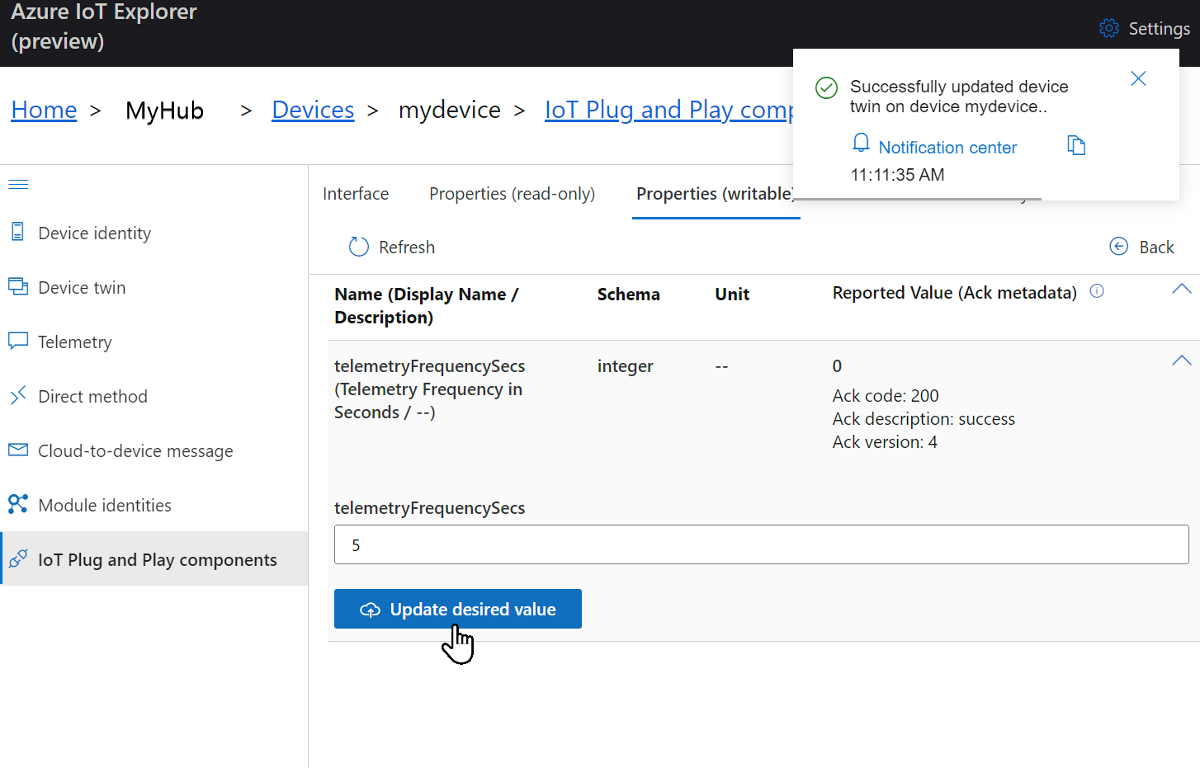 Captura de pantalla de la configuración del intervalo de telemetría en el dispositivo en IoT Explorer.