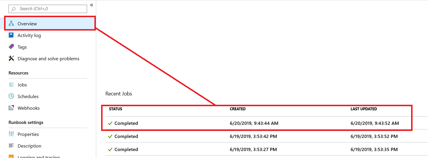 Lista de trabajos recientes del webhook