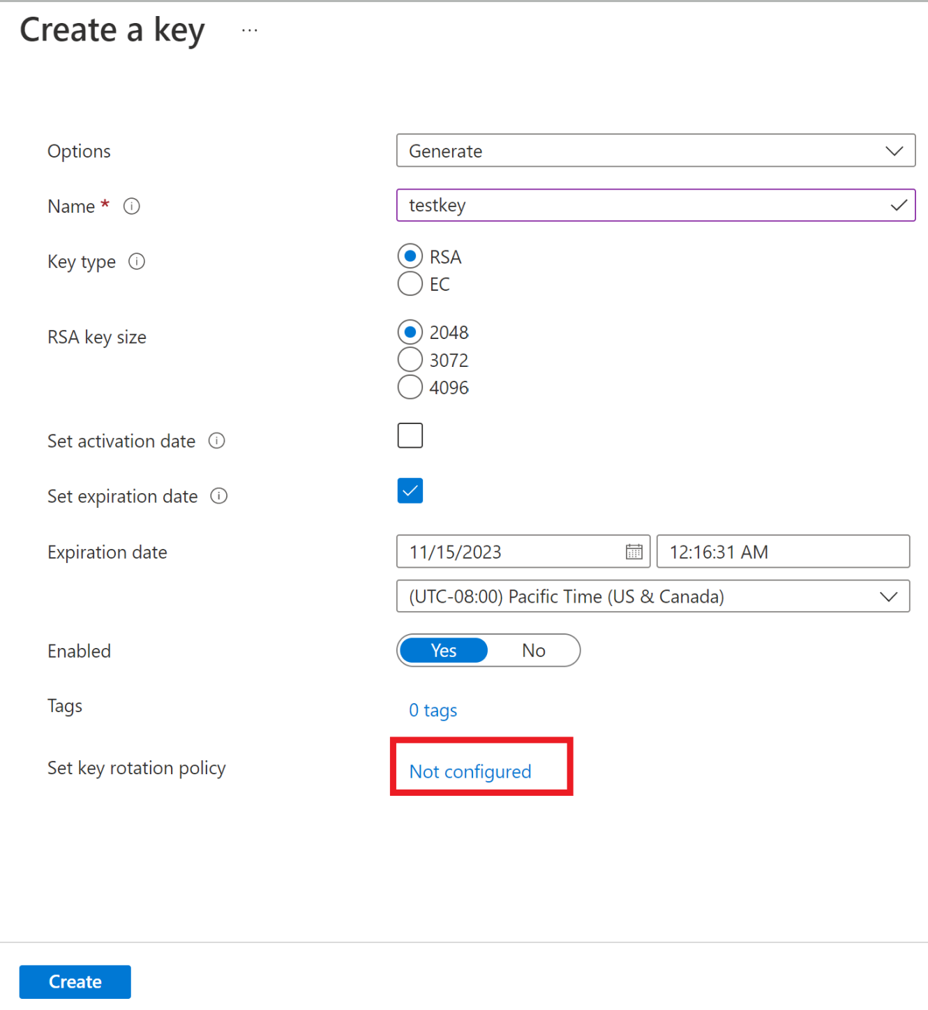 Configure el giro durante la creación de claves