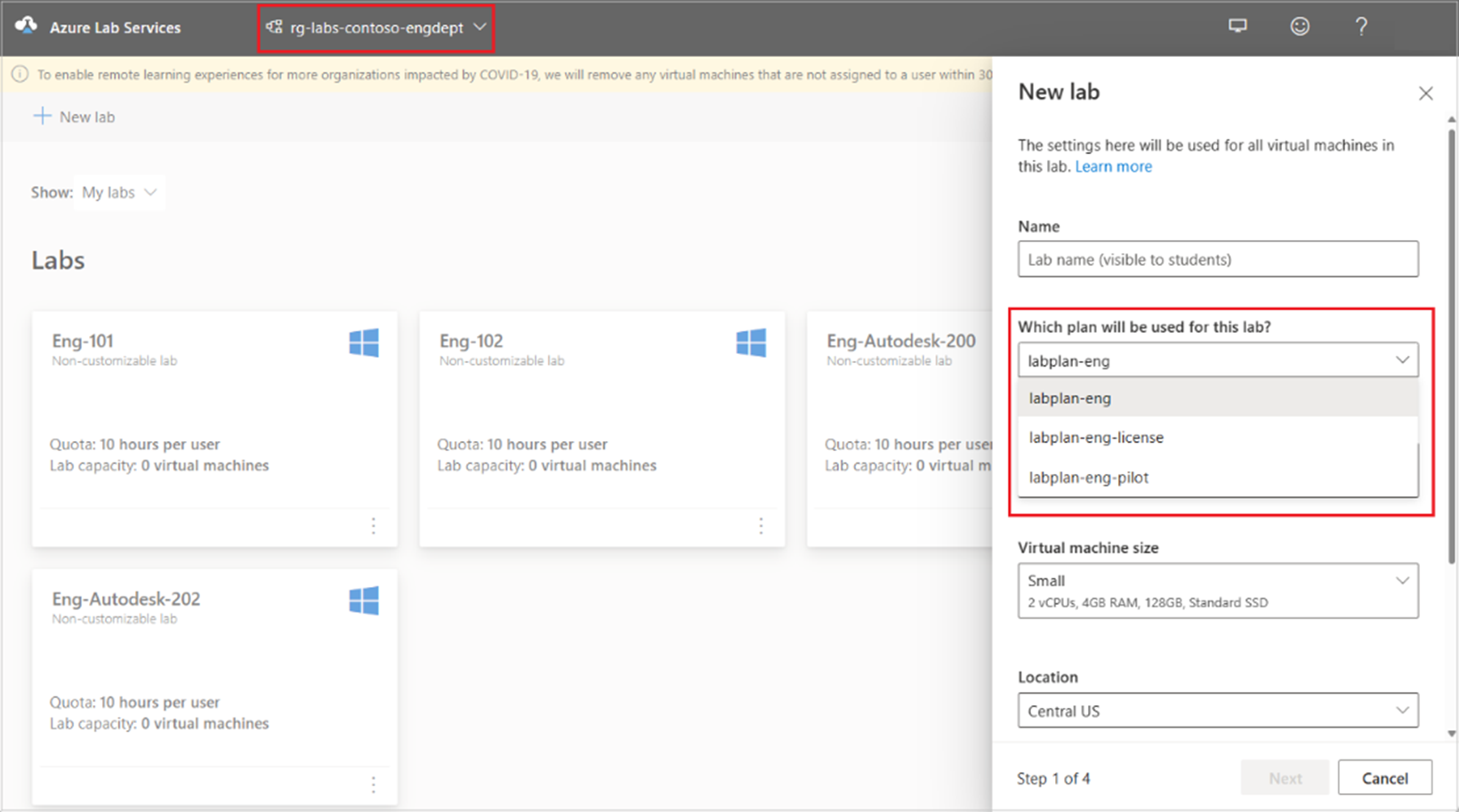 Captura de pantalla que muestra cómo elegir entre planes de laboratorio al crear un laboratorio en el sitio web de Azure Lab Services.