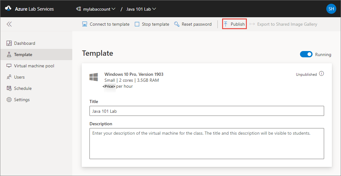 Recorte de pantalla en el que se muestra la ventana Terminal en el sitio web de Azure Lab Services, y se resalta el botón Publicar.