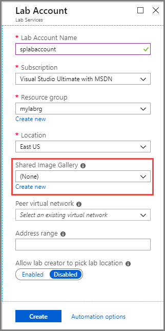 Configuración de la Galería de imágenes compartidas en el momento de crear la cuenta de laboratorio