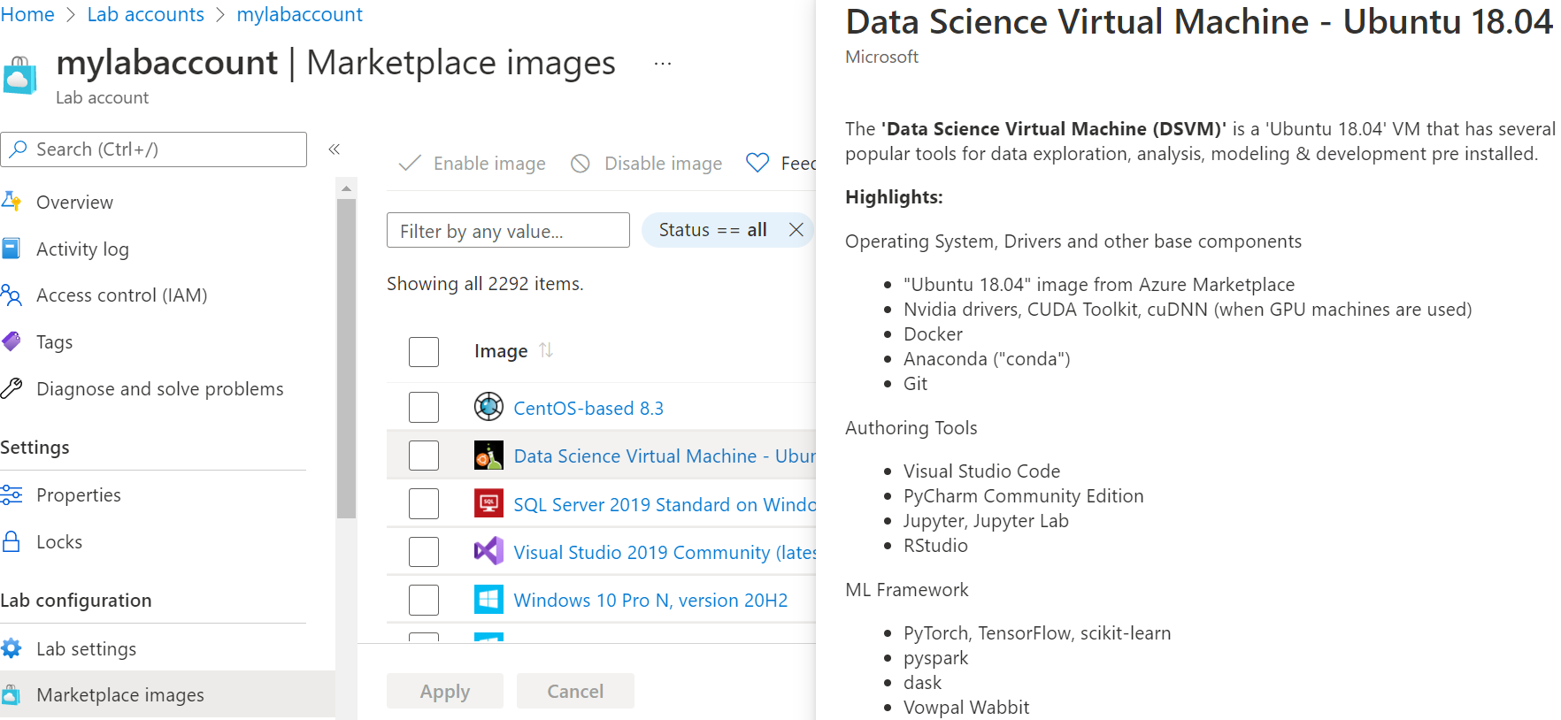 Captura de pantalla de una lista de imágenes disponibles para revisar en Azure Marketplace.