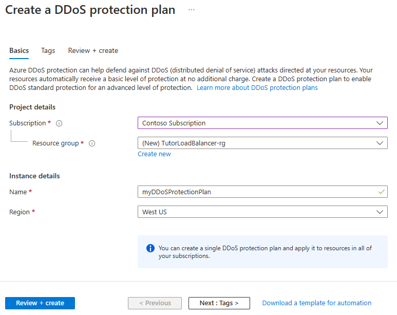 Captura de pantalla de la creación de un plan de protección contra DDoS