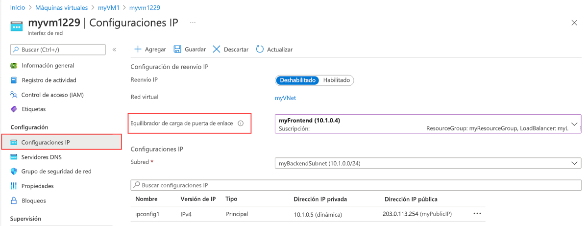 Captura de pantalla de la configuración IP de NIC.